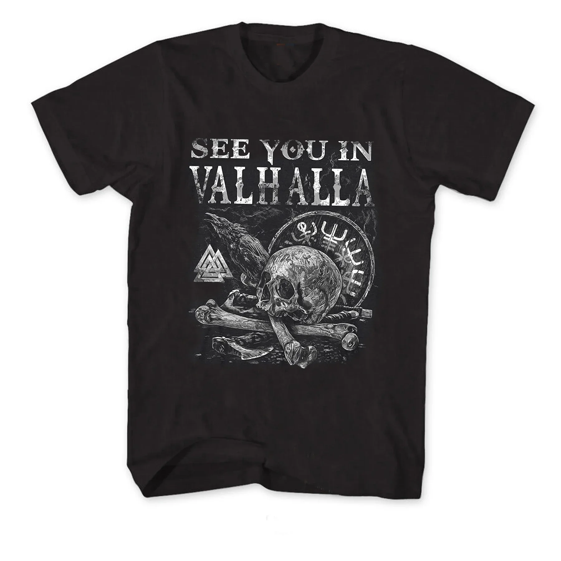 See You in Valhalla. Norse Myth Raven Skull Valknut Vegvisir Rune T-Shirt 100% Cotton O-Neck Short Sleeve Casual Mens T-shirt