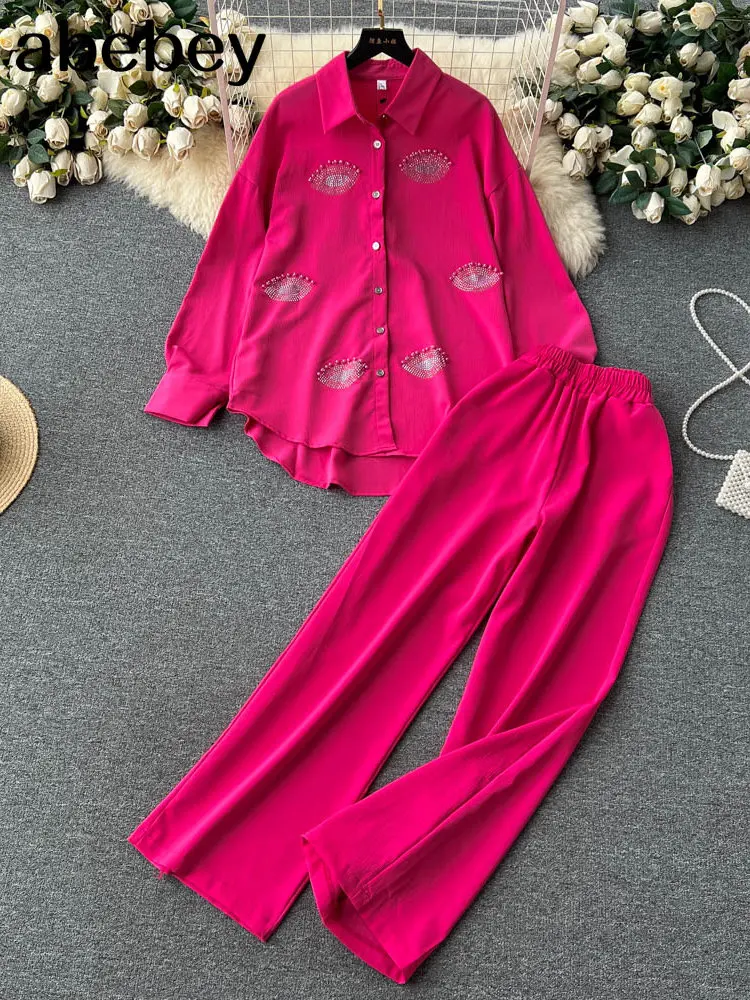 

Beading Street Women's Set Long Sleeve Shirt Tops and Wide Leg Pants Elegant Tracksuit Two Piece Set Sweatsuit Fitness Outfits