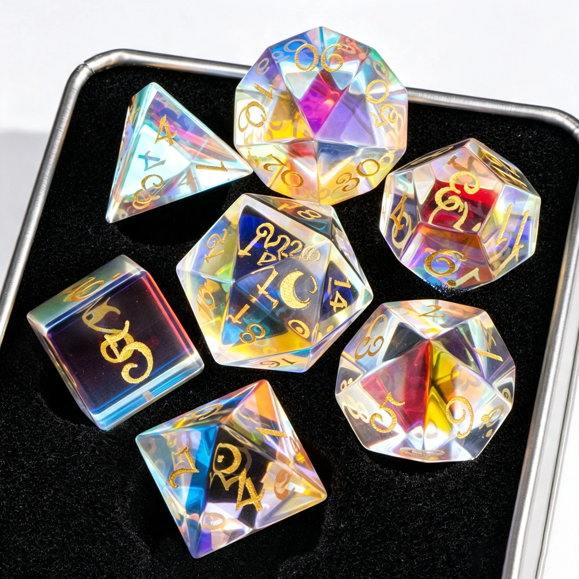 Natural Crystal DND Dice Mystery Blind Box 7pcs Polyhedral Gem Dice Silver Metal Box RPG Game Random Gift