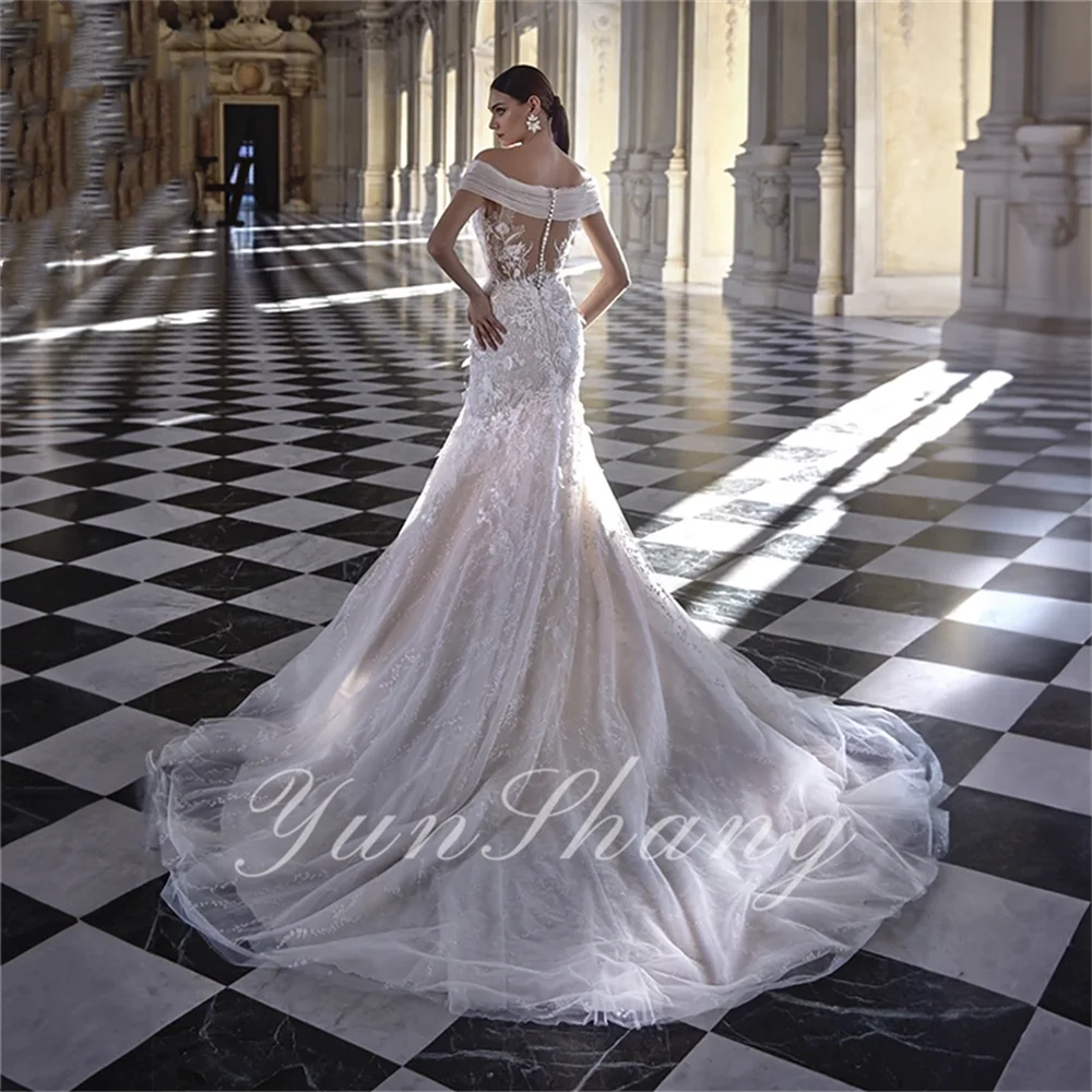 YunShang Off-the-shoulder Ruched Wedding Dress Beaded lace Applique Bridal Gown Mermaid Court Train Vestido De Noiva Customized