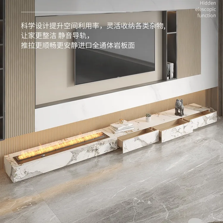 Mueble de TV con panel de roca de lujo ligero, piso de sala de estar moderno y sencillo, diseño pequeño, humidificación de atomización de llama simulada
