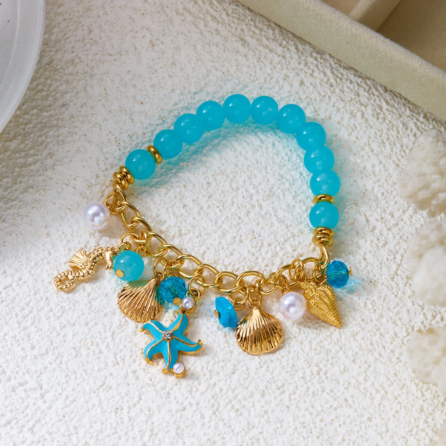 Ocean Secret Blue Starfish Shell Pearl Charm Bracelet for Women Gold Color Tone Beaded Beach Boho Bracelet Summer Jewelry Gift