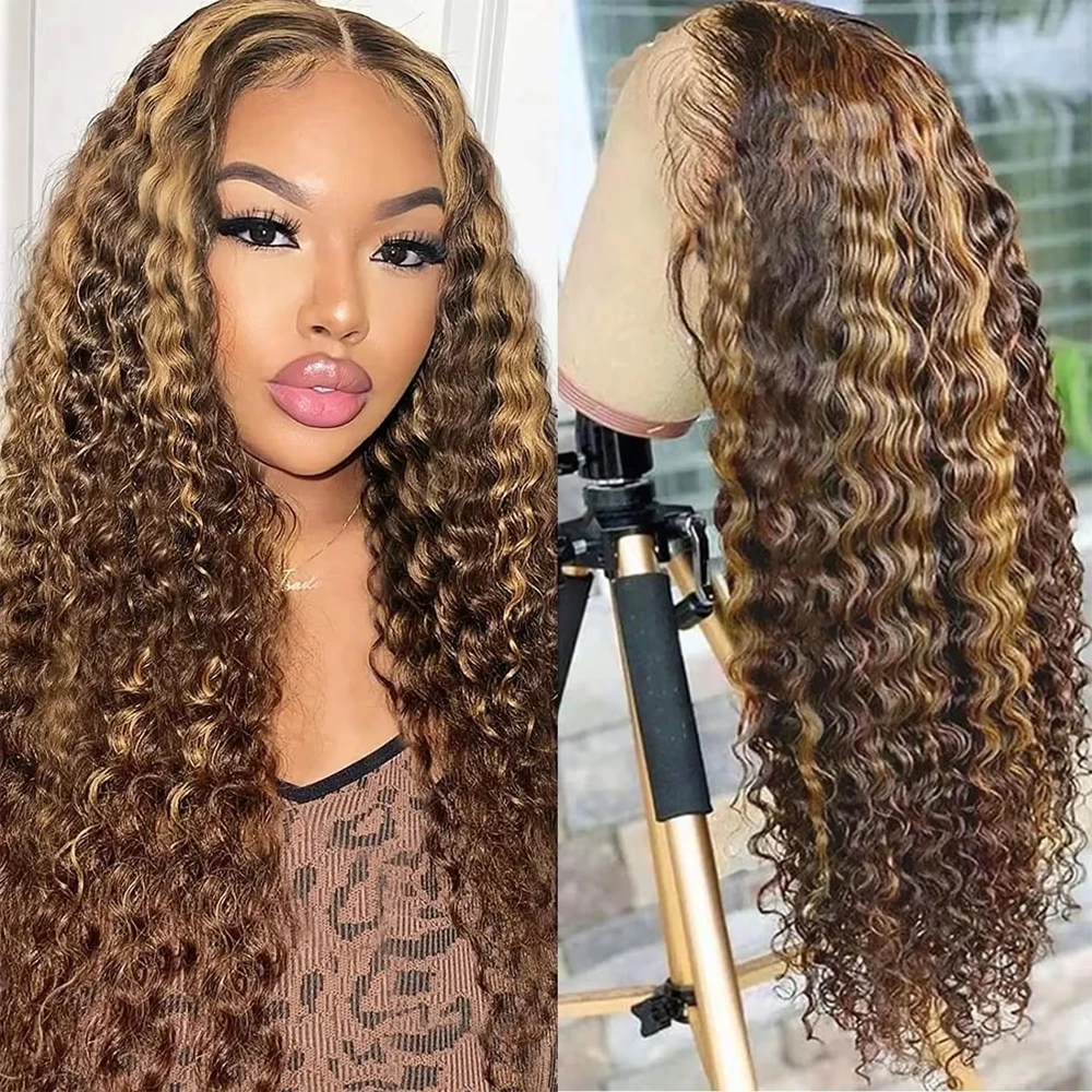 

P4/27 Highlight Ombre Brown Deep Wave Wig Glueless Human Hair Wig Wear to Go Honey Blonde Colored 13x4 HD Lace PrePlucked wig