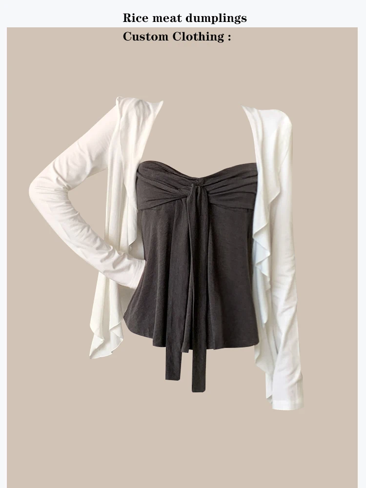 

Fall Fashion Korean Style Loose White Cover up with Grey Strap Vest Set Women's Long Sleeve Cardigan Suit Commute Wear
