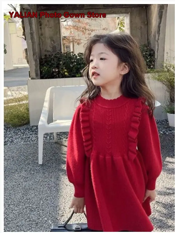 Girls Knit Dress Kids Winter Elegant Cartoon Print Animal Pattern Festive Outfit Toddler Clothes