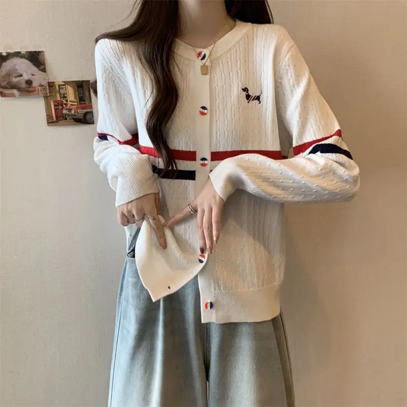 Autumn Winter Round Neck Jumpers Knitted Stylish Embroidery Women's Clothing Striped Contrasting Colors Casual Korean Sweaters