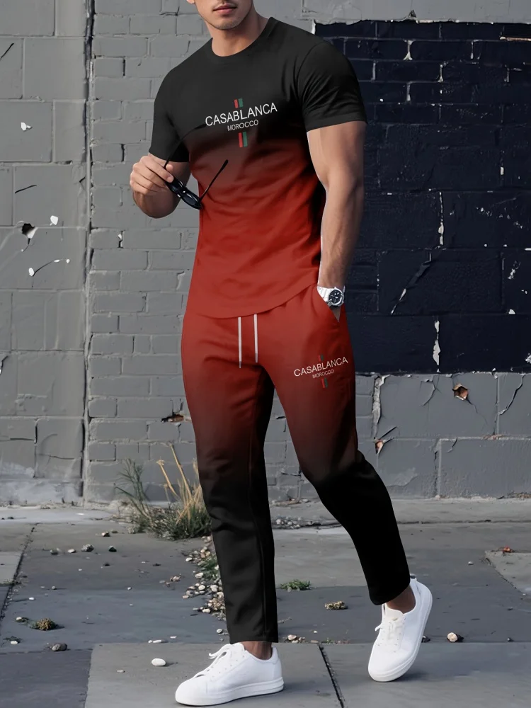 2025 New Gradient Letter Print Set Two-Piece Set Featuring A Breathable Crew Neck T-Shirt And Oversized Wide-Leg Pants