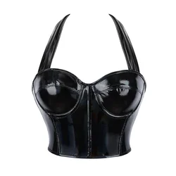 Black Shiny Leather Corset Top Crop Women Halter Bustier Gothic Bra Push Up Bodice Sexy Lingerie Corselet Party Short Camis