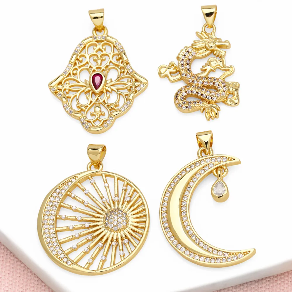 OCESRIO Trendy White Crystal Fatima Hand Pendant for Necklaces Copper Gold Plated Moon Sunshine Jewelry Making Supplies pdtb511