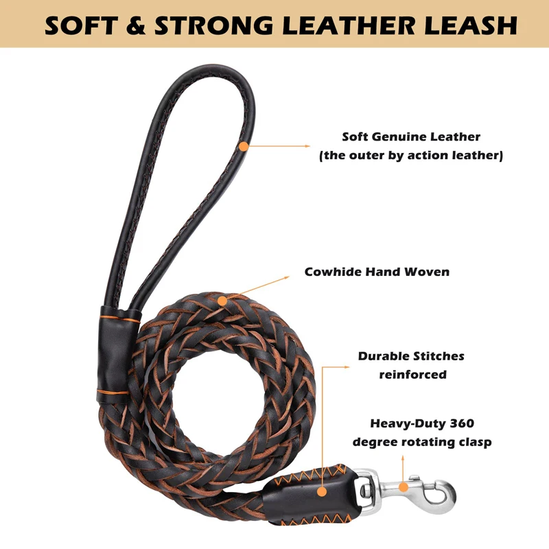 Benepaw Strong Leather Dog Leash Durable Cowhide Braided Pet Lead For Medium Large Dogs Training Heavy-duty Handmade Rope