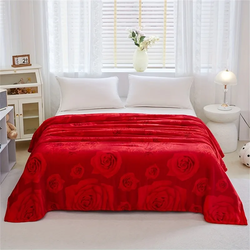 1PC Red Rose Floral Fleece Blanket, Soft Flannel Throw Blanket for Bed Couch, Romantic Bedding, Twin/Full/Queen