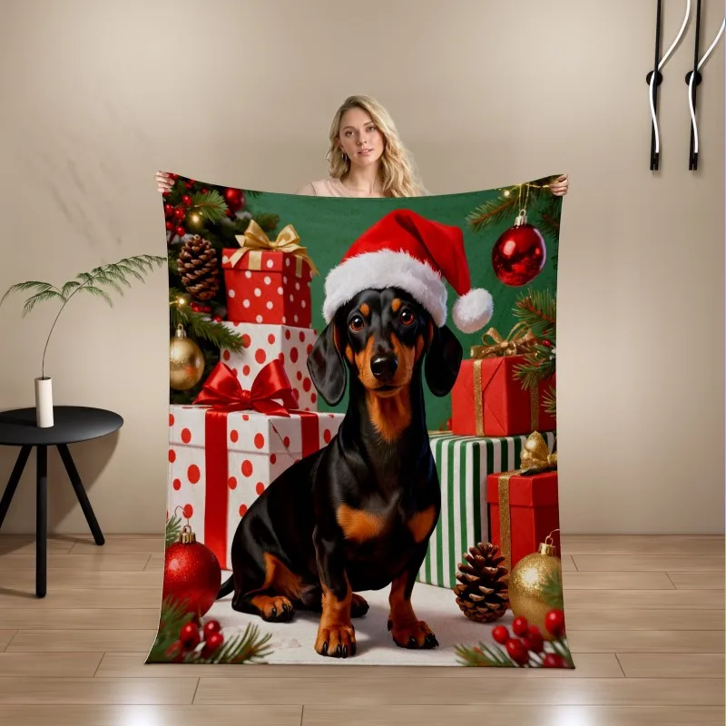 Christmas Dachshund Santa Hat Print Flannel Blanket, Soft Microfiber Throw Blanket for Sofa Bed, Xmas Home Decor Gift