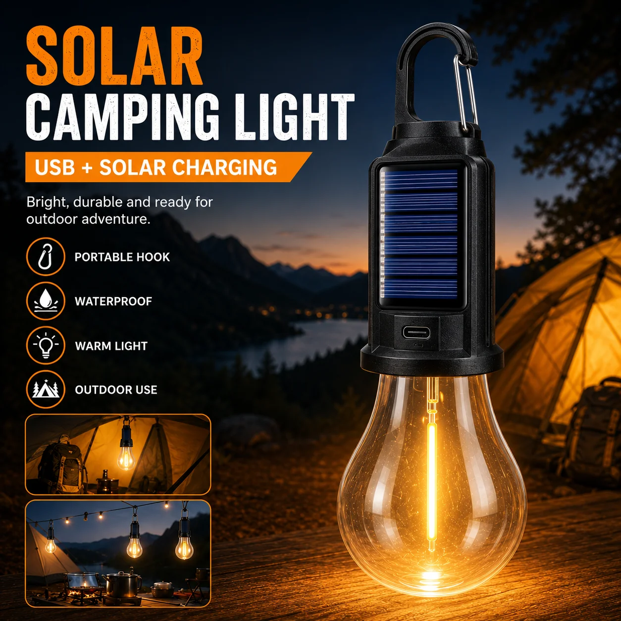 Solar Camping Light Bulb USB Rechargeable Hanging Lantern Waterproof Outdoor Tent Lamp for Camping BBQ Garden Patio Decoration