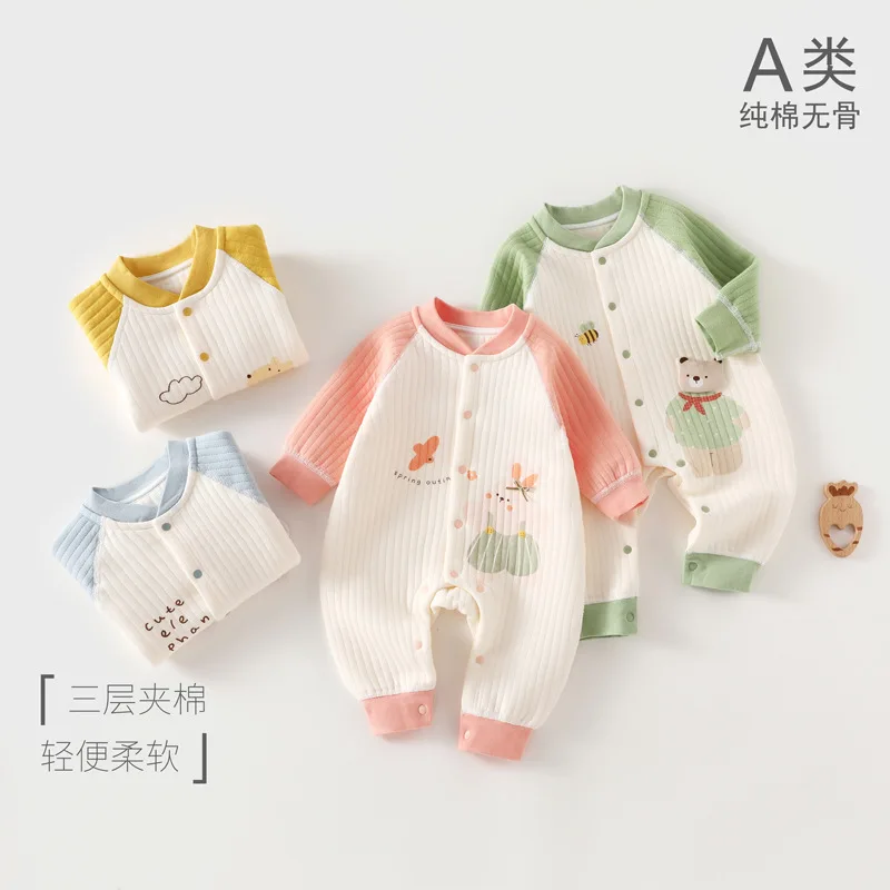 Somenie 3-Layer Cotton Padded Thick Warm Baby Bodysuit Fall Winter Thermal Underwear For Boys Girls Infant Romper
