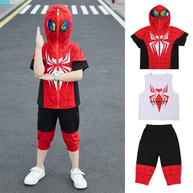 Spiderman chłopcy z kapturem płaszcz + spodnie + kamizelka zestawy odzież niemowlęca dziewczyny z krótkim rękawem Spider-Man przebranie na karnawał dzieci bluzy