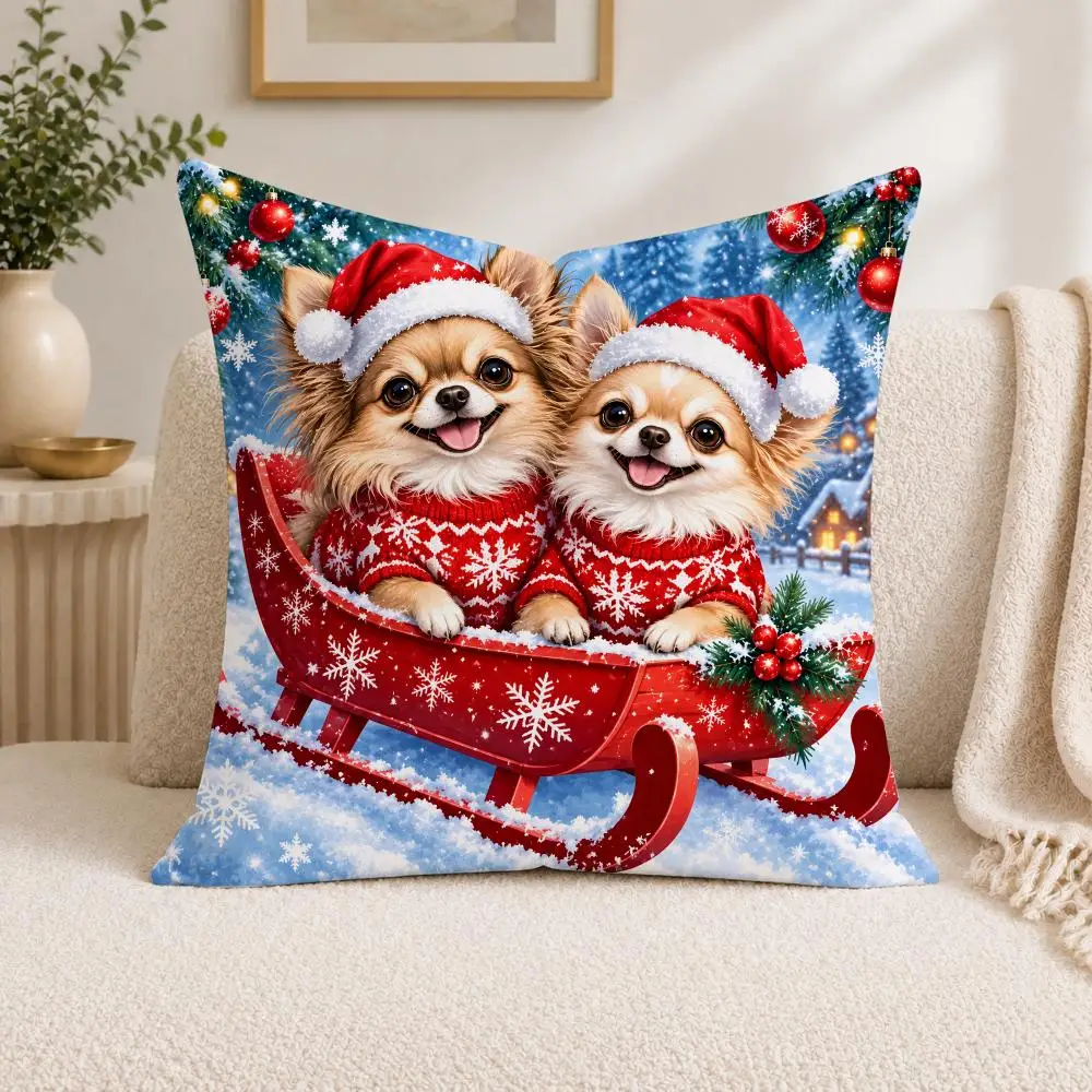 Cute Chihuahua Christmas Winter Cushion Cover Square Decorative Sofa Pillow Case Bedroom Living Room Home Decor Gift