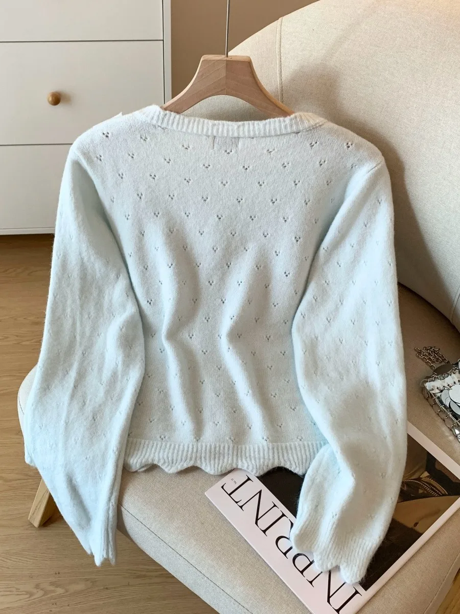 달콤한 슬레 블루 리본 매듭 스웨터 가디건 여성용 부드럽고 아늑한 니트 탑 가을 겨울 패셔너블 롱 스웨터 색상