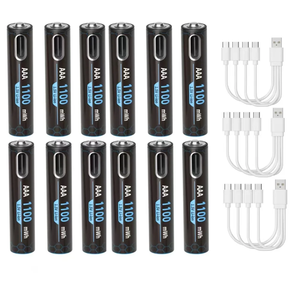 Перезаряжаемая батарея AAA 1,5 В, 1100 МВтч, литиевая USB-батарея типа C для игрушечной батареи с пультом дистанционного управления и зарядным кабелем