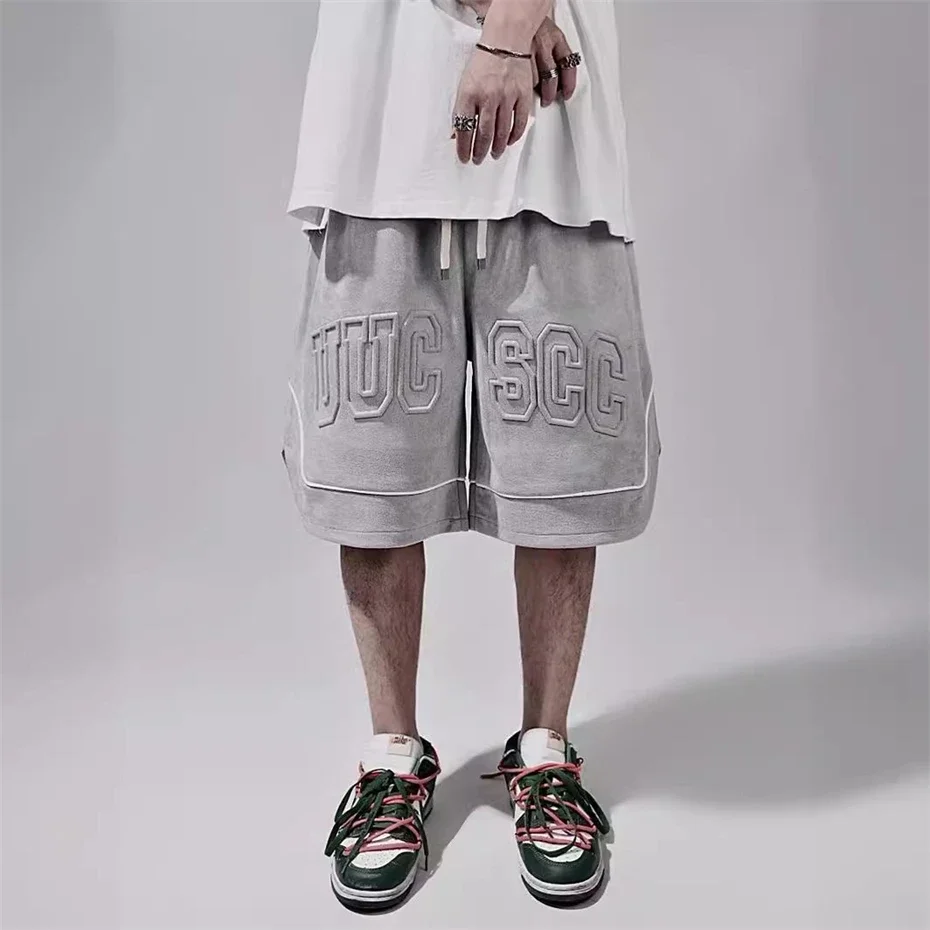 Hip Hop Summer Shorts Men Suede Print Casual Sweatpants Y2k Streetwear Fashion2025 Functional Elastic Waist Knee Length Pants