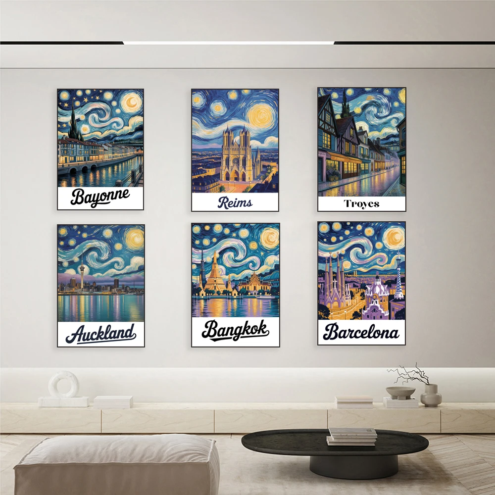

Бангкок, Берлин, Окленд, Перпинь, Байоне, Абджиан, Трои, Клермонт-Фербрендовые постеры с пейзажами в стиле Ван Гога со звездной ночью