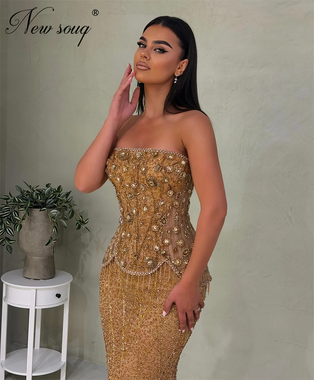

2026 Golden Beading Graduation Prom Dresses Customized Strapless Diamonds Wedding Party Gowns Vestido De Noite Evening Dress