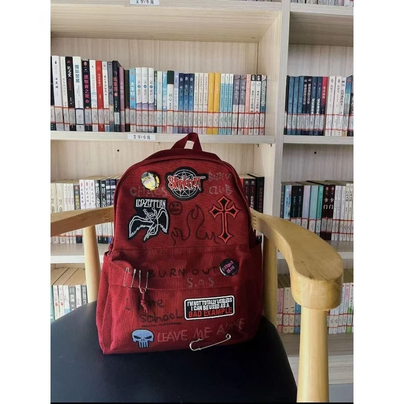 Gothic Rock Backpack For Men And Women Large Capacity Canvas Casual Backpack With Metal & Patchwork Accents for Daily Use