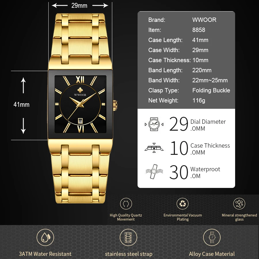 WWOOR Mens Square Quartz Wrist Watches Luxury Gold Black Watch Stainless Steel Waterproof Automatic Date Clock Relogio Masculino