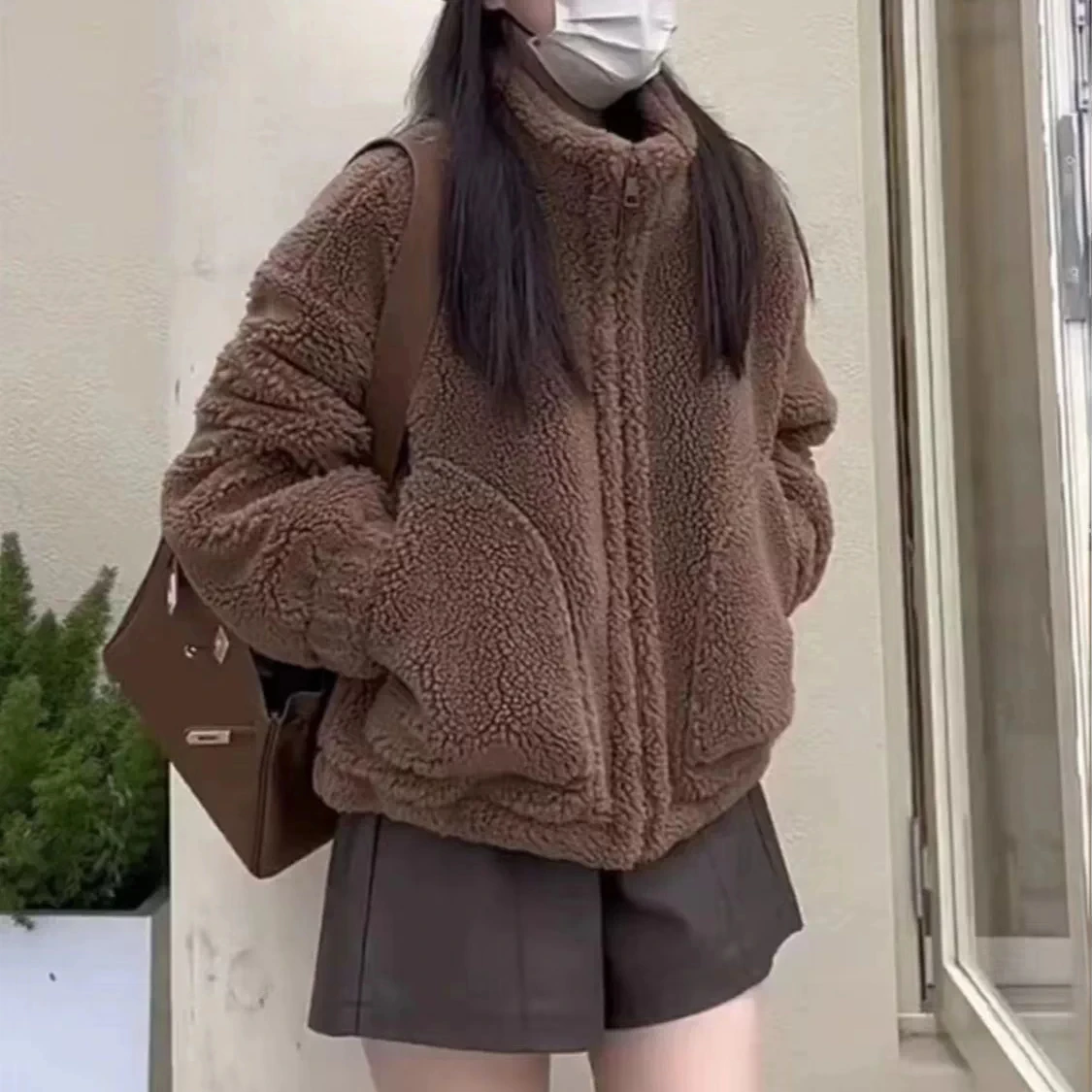 Women Brown Teddy Sherpa Fleece Jacket Stand Collar Zip Up Pocket Loose Cropped Warm Casual Winter Plush Outerwear Coat 2026 Top