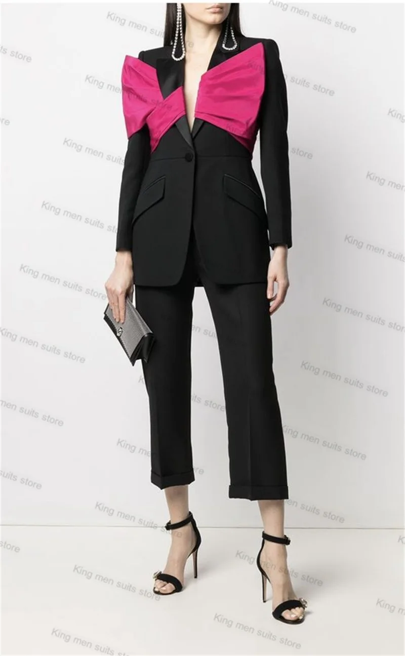 Black Women Suits Set 2 Pcs Blazer With Strap+Pants Prom Cotton Formal Office Lady Coat Outfit Custom Made Wedding Tuxedos