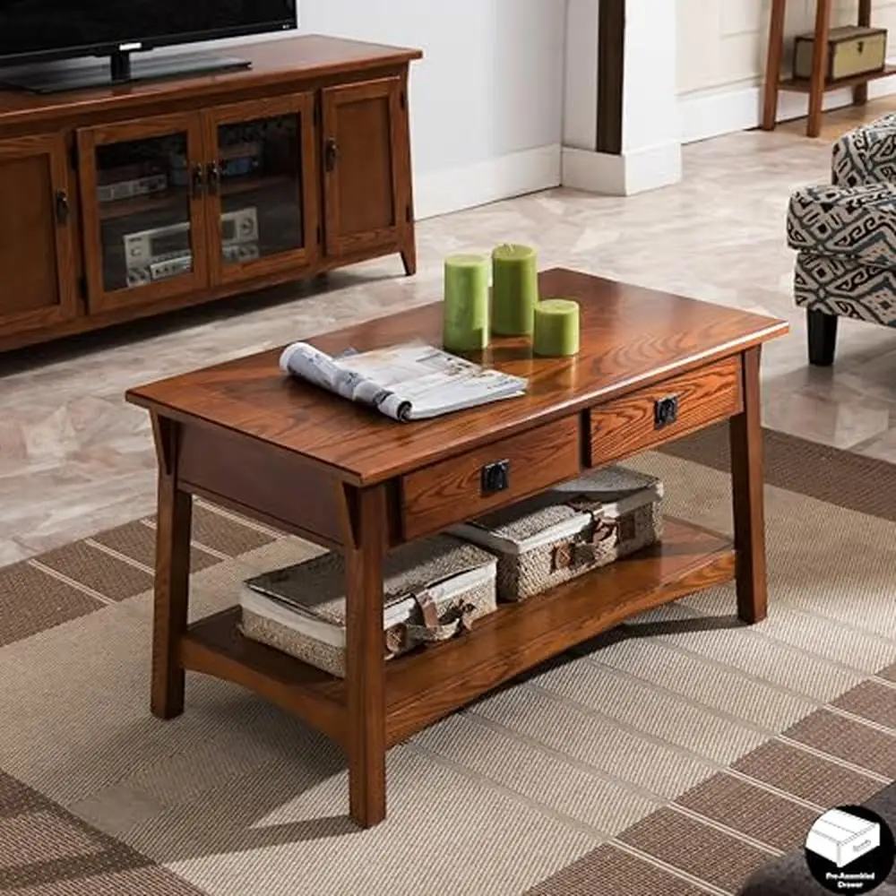 Mission Solid Wood Coffee Table with Drawers and Shelf Russet Finish Authentic Design Living Room Sturdy Construction Versatile