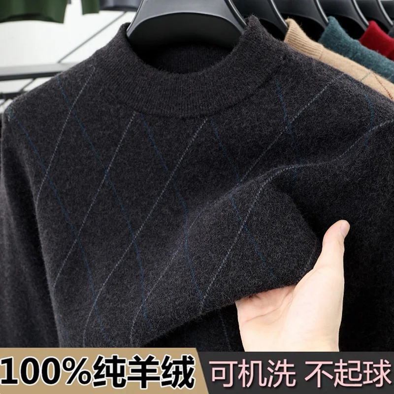 100% Pure Cashmere Men Half Turtleneck Winter New Thickened For Middle-Aged Dad Plaid Wool Sweater