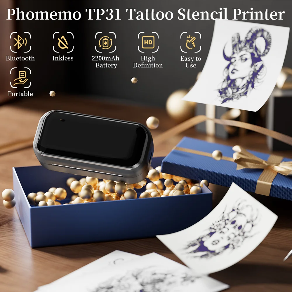 TP31 Wireless Tattoo Stencil Printer Thermal Label Printer with 30pcs Transfer Paper Bluetooth Small Tattoo Printer for Artist