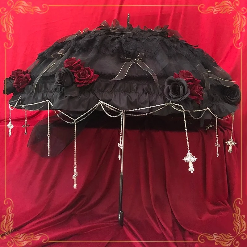 Hexagram original lolita dark goth gay handmade lace rose cross tea party wedding umbrella