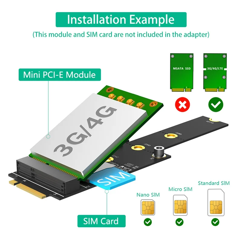 AC56-M.2 Key M - 미니 PCIE 어댑터 (SIM 카드 슬롯 포함)는 데스크탑용 Wifi WWAN LTE 3G/4G/5G 네트워크 모듈을 지원합니다.