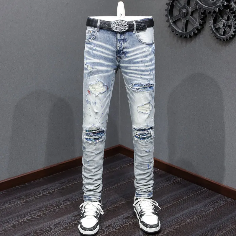 

High Street Fashion Men Jeans Retro Light Blue Skinny Fit Painted Ripped Jeans Men Patched Designer Brand Hip Hop Denim Pants