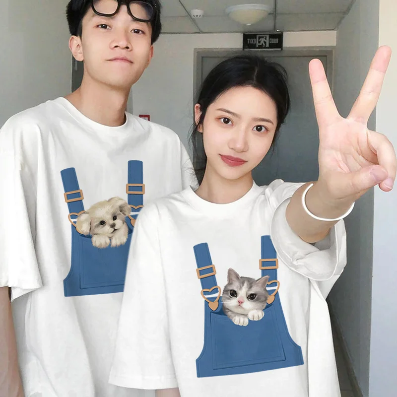 Cute Puppy and Kitten Pattern Couple t-shirts 2024 New Summer Thin Cute Cotton Short Sleeves