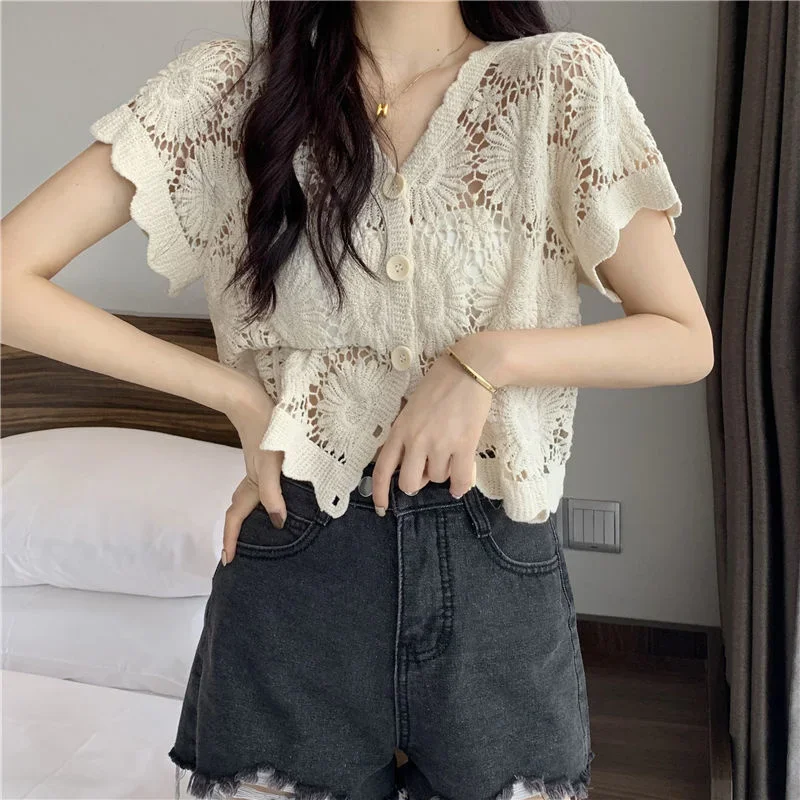 Summer 2023 Women\'s v Neck Cardigan Short Sleeve Shawl Top Vintage Clothes for Women Tops Shirts Blouses