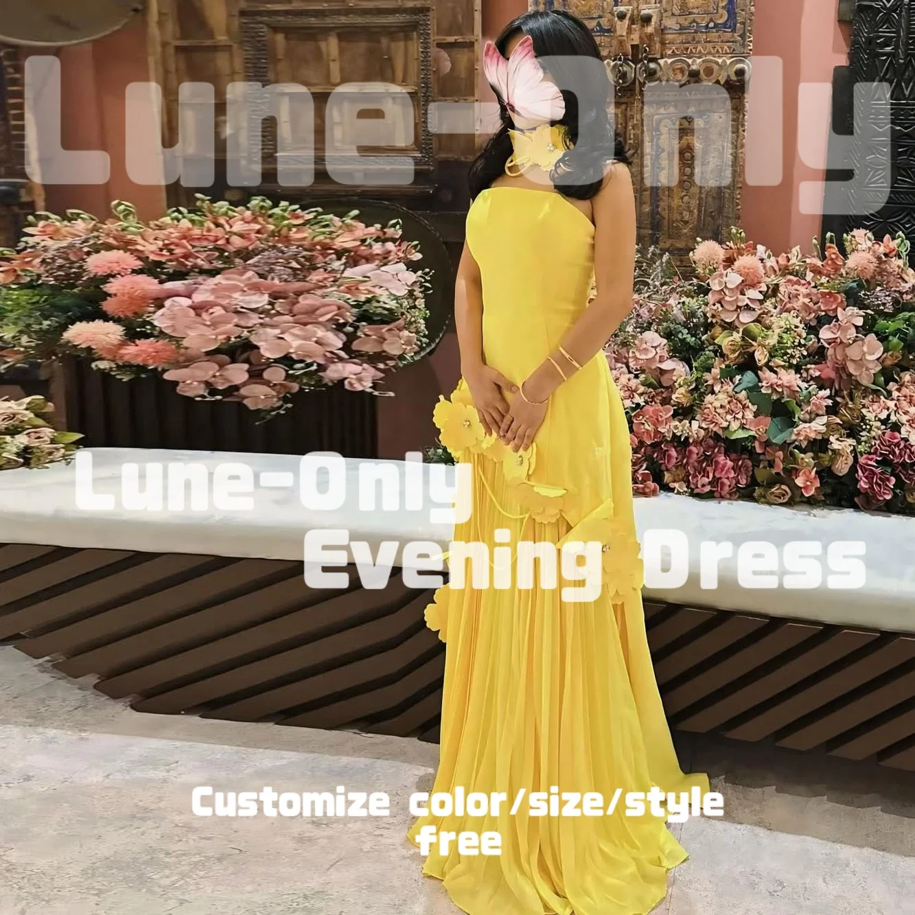 カスタマイズされた黄色のストラップレスの花高級女性のイブニングドレスフォーマルな機会のためのプリーツノースリーブウエディングドレスパーティードレス