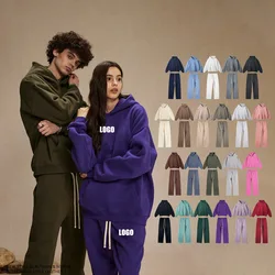 Custom LOGO men's 350G heavy autumn winter new cotton and polyester loose fleece sweater hooded sweatpants couple two-piece set