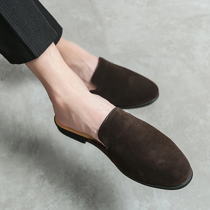 موضة الرجال Recoilless نصف النعال لصيف 2026 متجمد أحذية جلدية بدون كعب شبشب جلد الغزال للرجال Zapatos Casuales