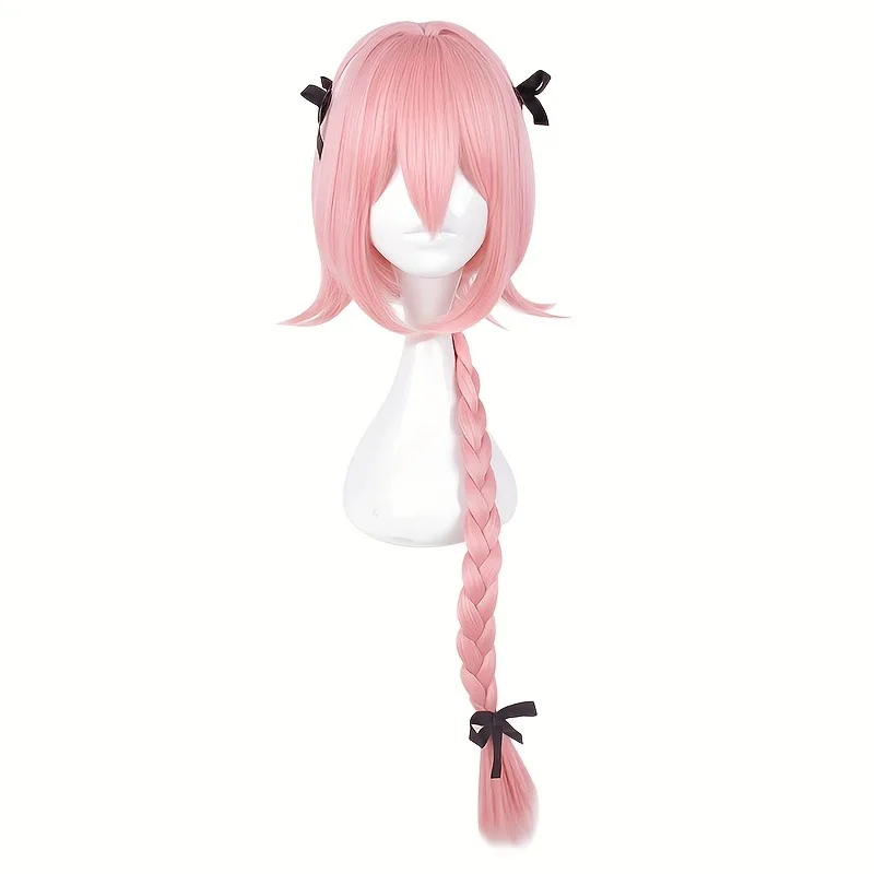 Pink Braided Ponytail Wig Black Bow Bangs Sweet Lolita Anime Cosplay Synthetic