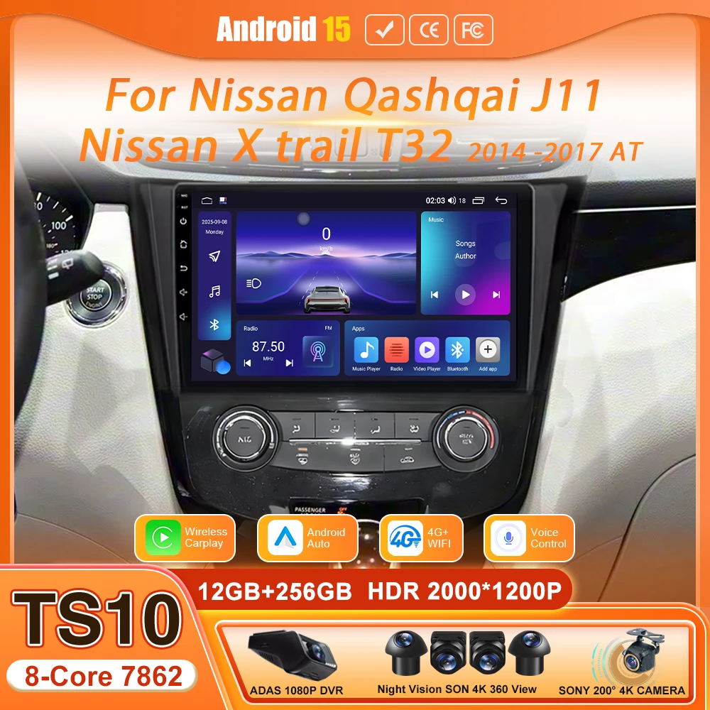 Reproductor de Radio para Auto con Android 15 para Nissan Qashqai J11 X-Trail Xtrail T32 Rogue Dualis 2013-2021, Compatible con BOSE 360 y Auto CarPlay