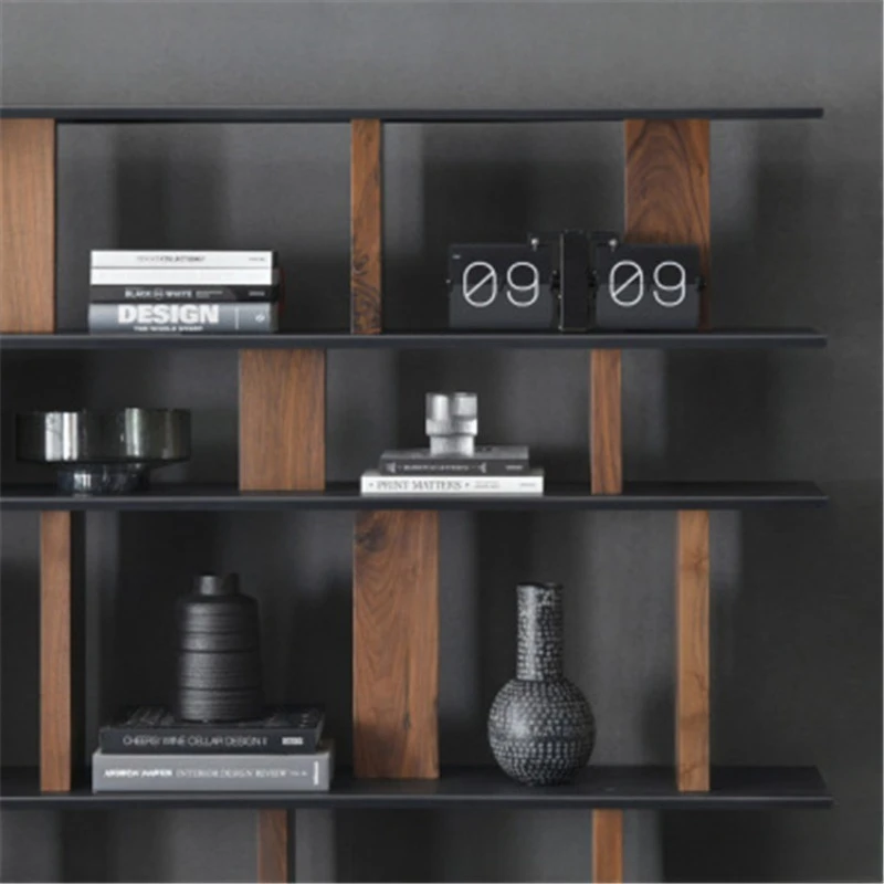 Книжная полка из цельного дерева с железной рамой, многослойная полка для гостиной