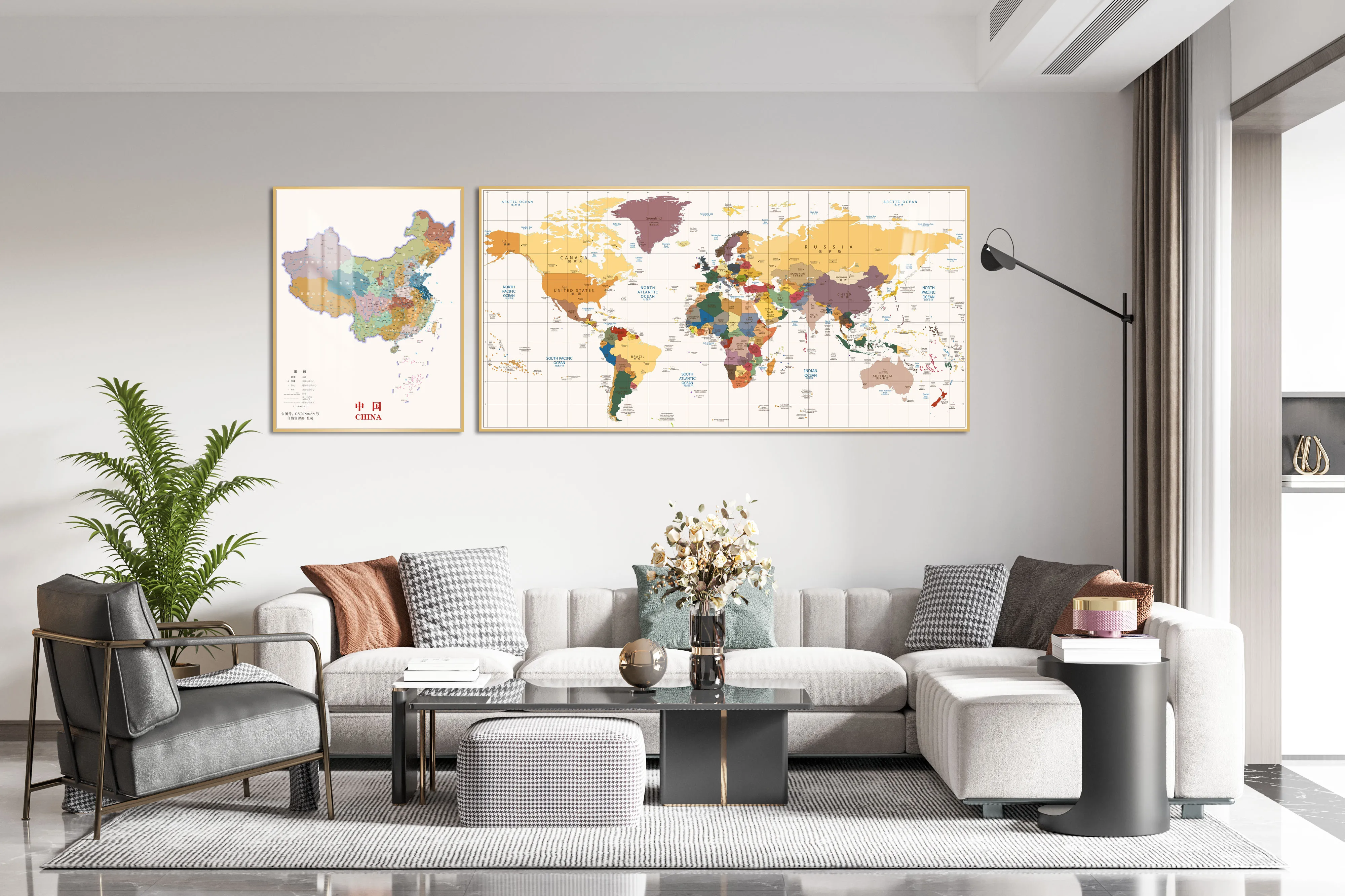 

China world map hanging painting, office living room, sofa background, wall decoration painting, can travel