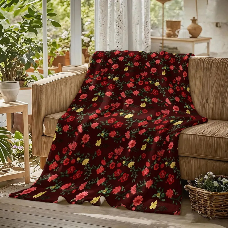 Burgundy Vintage Floral Flannel Blanket Warm Soft Halloween Christmas Decorative Couch Warm Cozy All-Season Gift