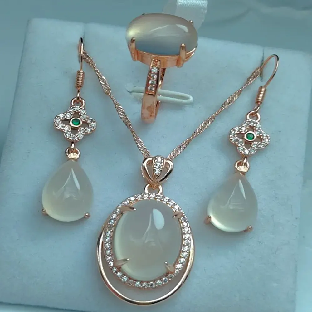 

White Suits Natural S925 Chalcedony Silver Plated Stone Set Lady Agate Ring Water Drop Earrings HANFU Jewelry Gemstone Pendant