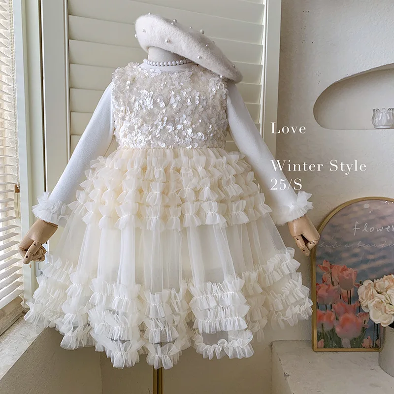 

Детское платье принцессы из 2 предметов с блестками, утепленное сетчатое платье принцессы для маленьких девочек, новый зимний однотонный универсальный костюм-майка