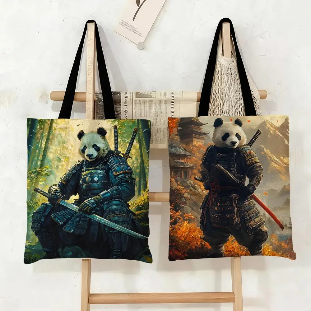Panda Samurai Warrior Storage Bags Canvas Tote Bag Large Capacity Double-Sided Print Reusable Shopping Bag Shoulder Bag