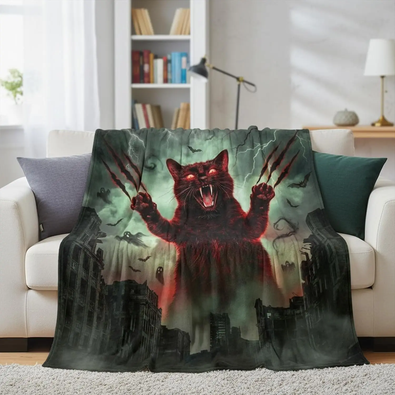 Funny Monster Cat Throw Blanket Spooky Scary Doomsday Disaster Art Unique Home Gamer Room Decor Accessory