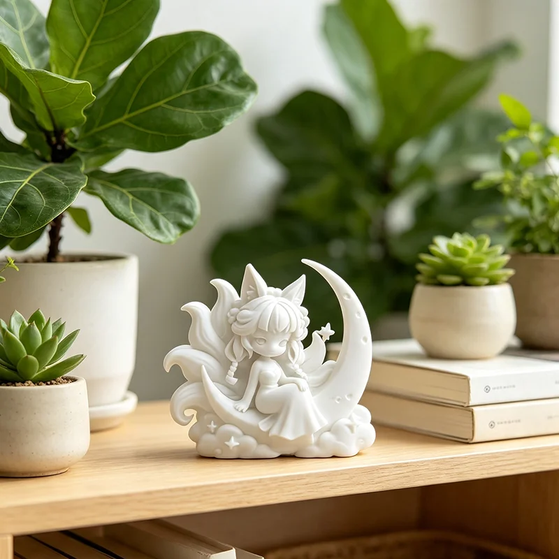 3D Printed Nine-Tailed Fox Girl Figurine Cute Kitsune Maiden on Crescent Moon Cloud Statue Mini Desktop Ornament